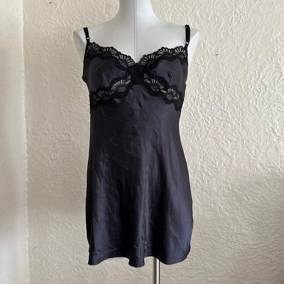Victoria's Secret Other - Victoria’s Secret Dark Gray Satin Black Floral Lace Slip Medium Flaws